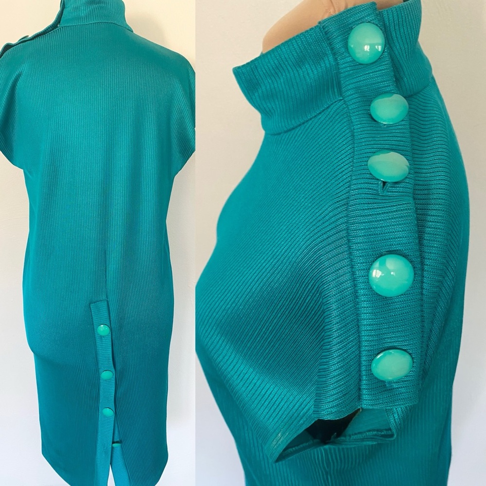 Vintage 80s Back Button Dress *Size 12* CHETTA B Aqua Ribbed Sleeveless Dress